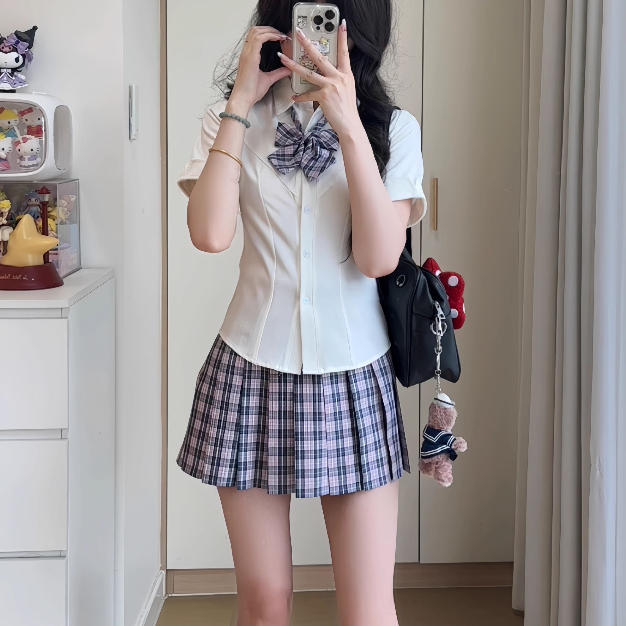 原创正版jk制服裙高腰百褶裙格裙狗短夏季学院风收腰衬衫套装全套