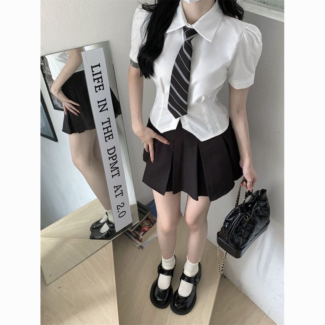 夏季新款百褶裙套装女短袖收腰衬衫jk制服女领带显瘦小辣妹三件套