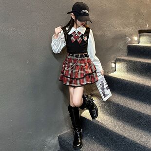女童春装长袖JK制服短裙套装2026新款儿童学院风演出服衬衫两件套