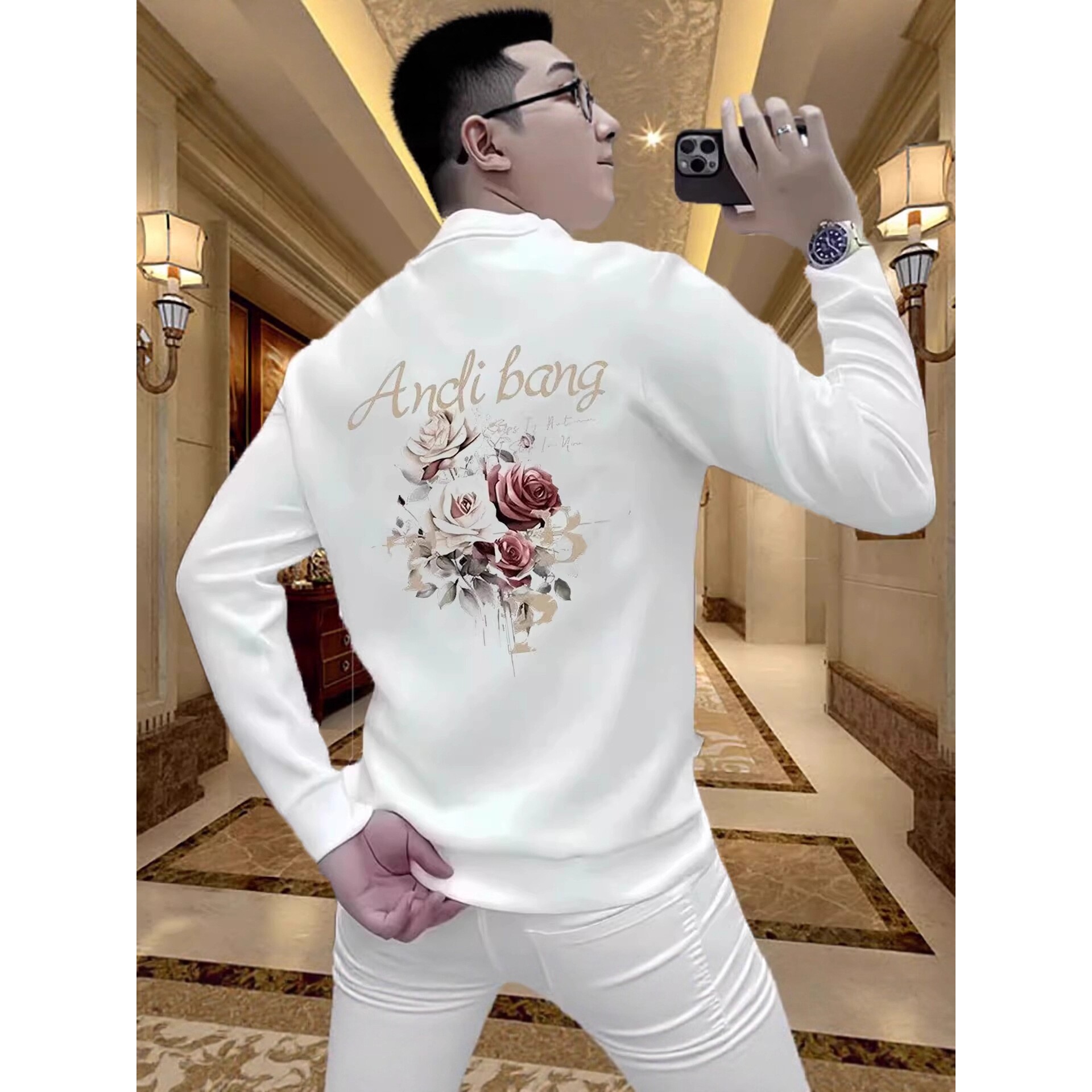 秋冬季潮牌新款个性花卉印花圆领卫衣男士痞帅玫瑰花字母时尚上衣