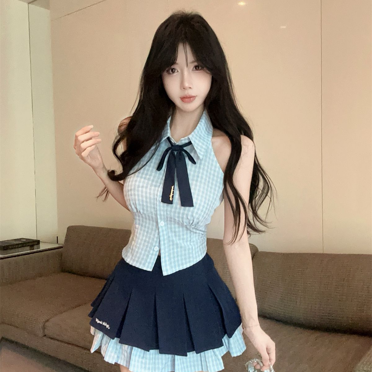 美式复古学院套装JK制服辣妹夏季纯欲格蓝色衬衫格子短裙小个子