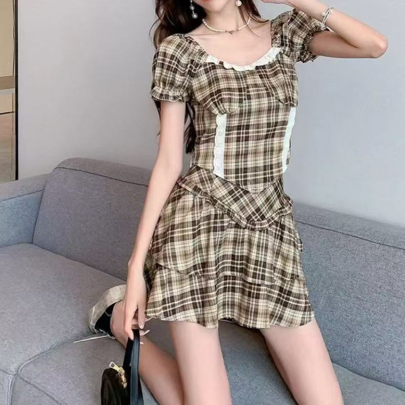 美式复古格纹泡泡袖裙套装女学院风束腰显瘦高腰JK制服裙子两件套