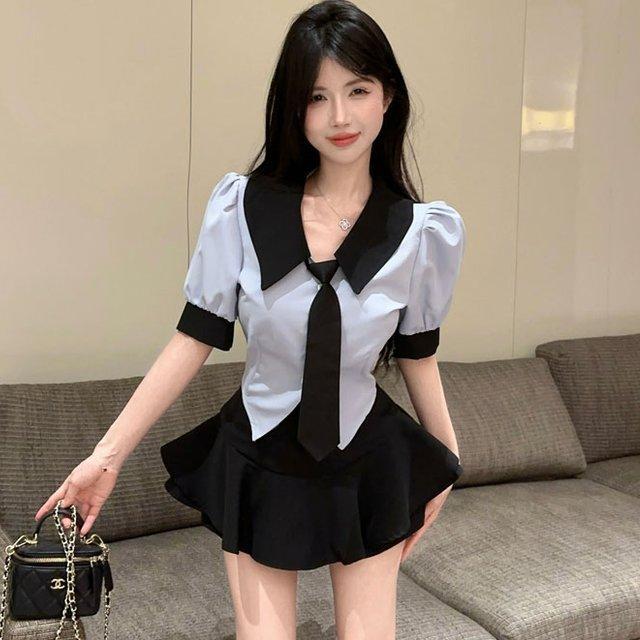 学院风辣妹jk制服套装撞色衬衫上衣高腰修身显瘦蓬蓬裙裤两件套女