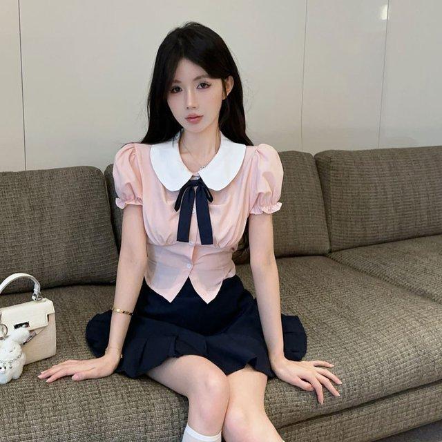 学院风jk制服辣妹套装女清新粉色衬衫百褶裙甜美时尚减龄两件套