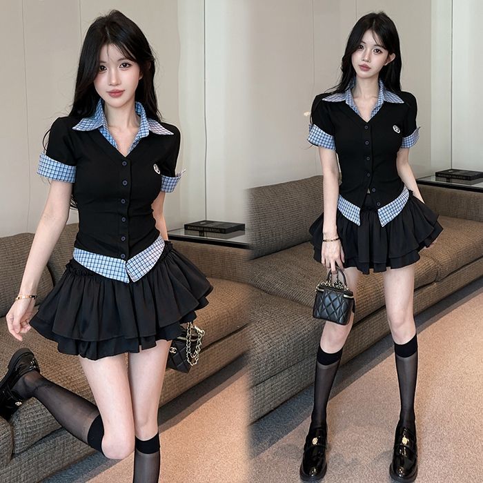 学院风jk制服套装女2026夏新款辣妹假两件短袖T恤高腰蓬蓬半身裙