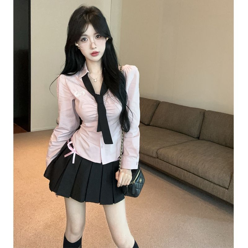 jk制服套装女装辣妹收腰学院风长袖衬衫百褶半身裙减龄两件套新款