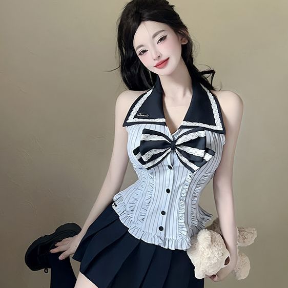 韩系学院风辣妹jk制服套装收腰挂脖无袖衬衫上衣百褶半身裙两件套