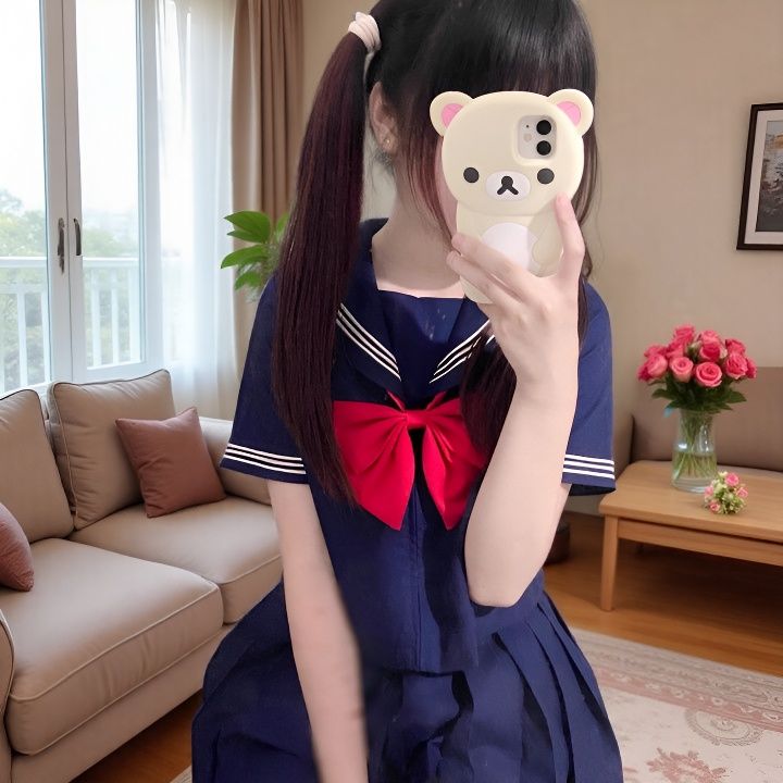 2026年夏季新款JK制服套装纯日系学院风淡蓝色百搭短袖上衣+红领