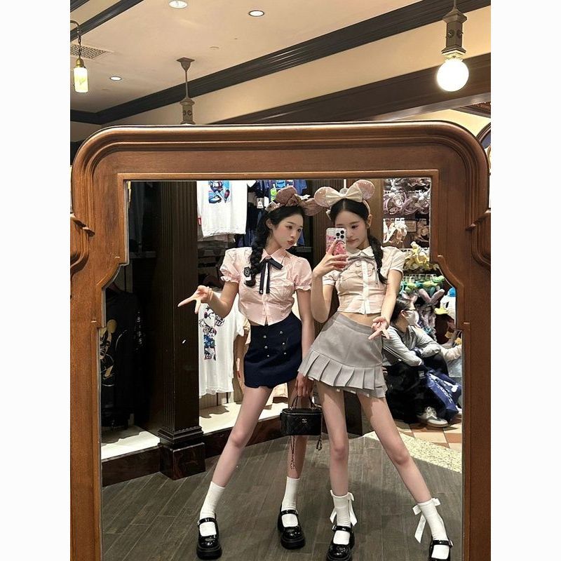学院jk制服套装韩系甜美JK夏季粉色衬衫短款灰色百褶裙两件套