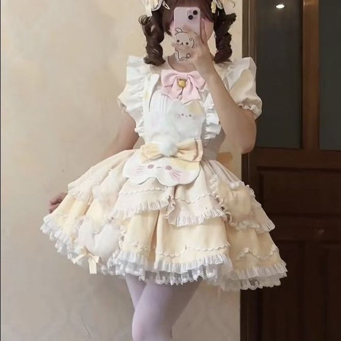猫系甜茶少女连衣裙甜妹可爱小猫拼色蕾丝软妹少女lo裙精致甜茶喵