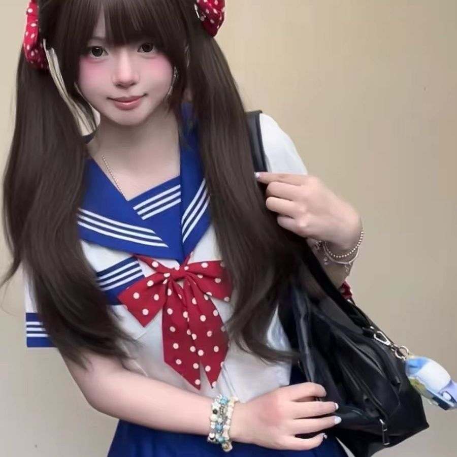 【甜盐蜜屿】原创正版花绀色短袖收腰水手服套装校供白三本jk制服