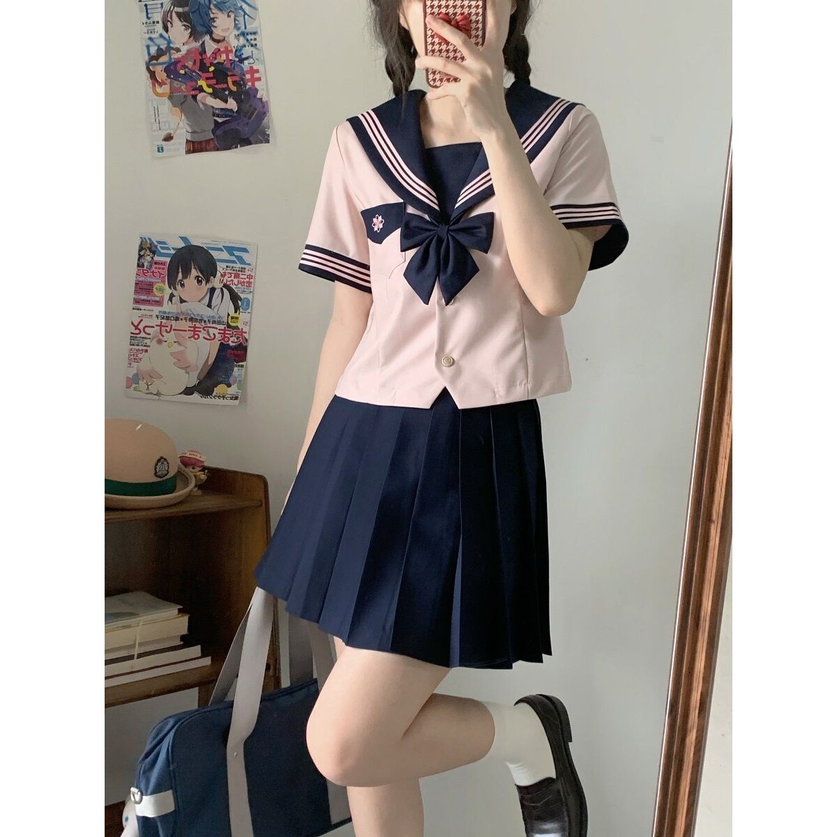 山茶与书原创粉色jk制服水手服山茶女子收腰款学院风夏季短袖套装