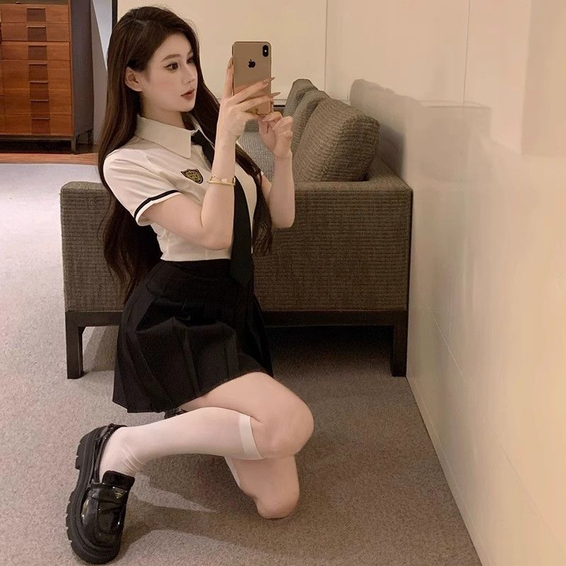 纯欲性感高级灰衬衫女夏季短袖jk制服套装减龄夜店足浴技师工作服