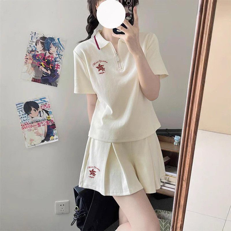 休闲运动风套装学院风正肩POLO领T恤JK短裙夏季女装一整套穿搭