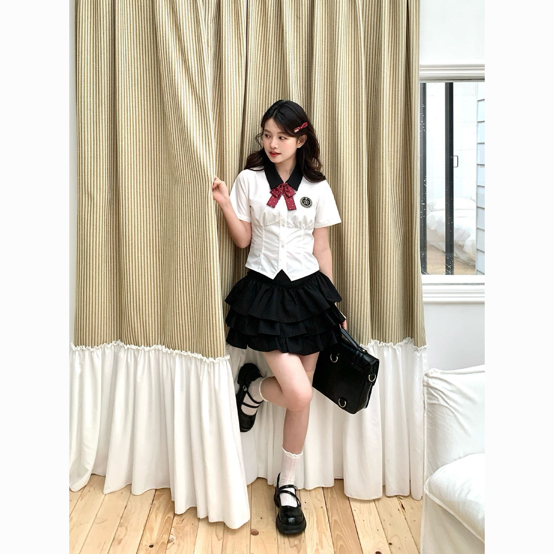 东京岁时记jk原创学院风撞色领衬衫翻领白色短袖上衣女夏甜酷少女