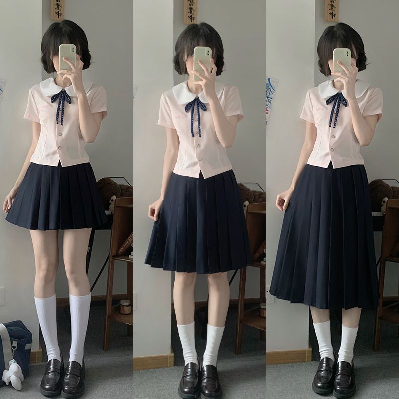 【椿日高衬衫】原创JK圆领学院风修身短袖夏季女百褶裙甜美套装