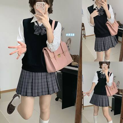 栗花熊原创正版jk正品格裙毛衣背心制服套装学院风女春夏秋季叠穿