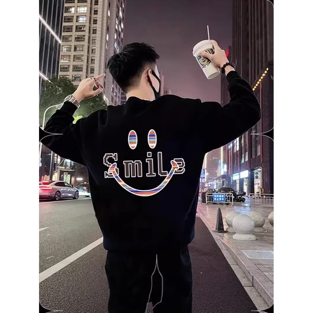 高端重磅圆领卫衣男秋冬季潮流笑脸印花百搭潮牌轻奢痞帅休闲上衣