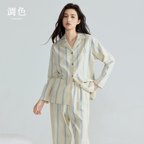 调色梭织条纹纯棉睡衣女士薄款