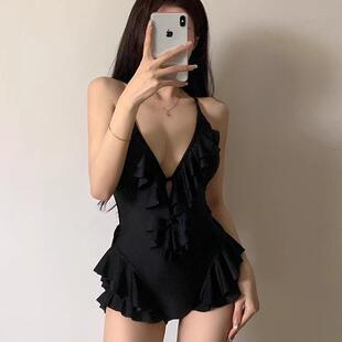 韩国2026新款 泳衣女连体性感高级感荷叶边显瘦遮肚子纯色海边度假