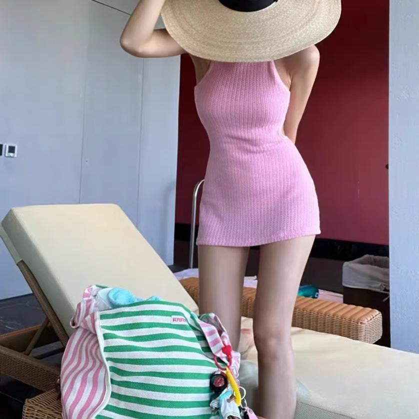 韩国ins甜美露背针织裙式连体泳衣女2025新款遮肚子显瘦度假泳装