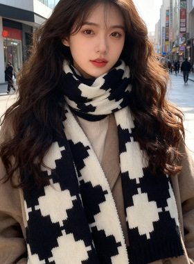 围巾女冬季2025新款韩版复古格子针织百搭毛线学生保暖高级感围脖