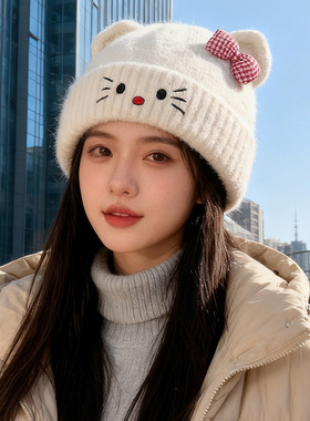 可爱猫耳蝴蝶结毛线帽子女冬季保暖针织帽韩版百搭护耳套头冷帽潮