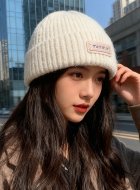 2025秋冬新款毛线帽子女显脸小保暖护耳冷帽韩国字母针织帽套头帽