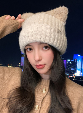 韩版可爱猫耳帽子女冬季针织毛线帽加厚保暖帽显脸小大头围护耳帽