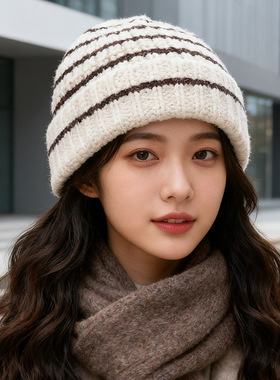 日系条纹拼色毛线帽子女时尚简约护耳针织帽百搭情侣包头冷帽男潮