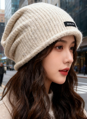 秋冬复古毛绒堆堆帽子女韩版百搭显脸小保暖帽大头围针织套头冷帽