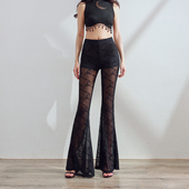 2025春夏新款 高腰高弹欧美风 黑色植绒网纱字母印花网眼透气喇叭裤