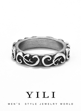 翼力原创设计唐草纹国潮风纯银999男士戒指机车风卷草纹食指指环
