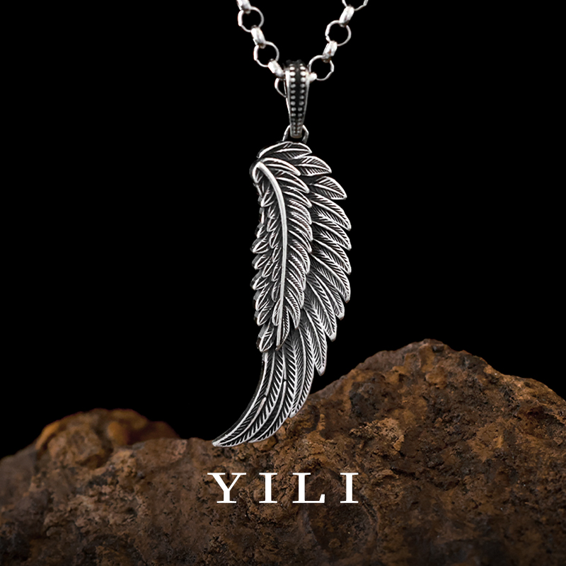 翼力个性高级感羽毛纯银999项链男士潮男复古秋冬毛衣链吊坠男