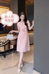 特价高端专柜夏季新款醋酸麻欧风方领收腰显瘦单层无里布连衣裙