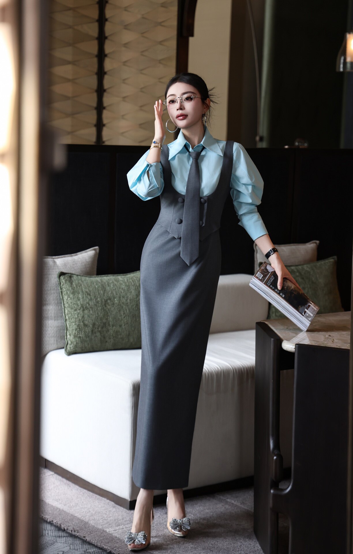 现货新款套装衬衫十领带十背带连衣裙三件套装显瘦通勤OL早春款