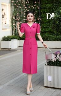 26年新款连衣裙春夏秋简约v领拼色配胸花系腰带修身显瘦一步裙