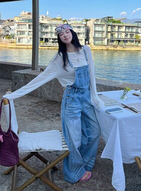 夏季复古水洗猫须牛仔背带阔腿裤