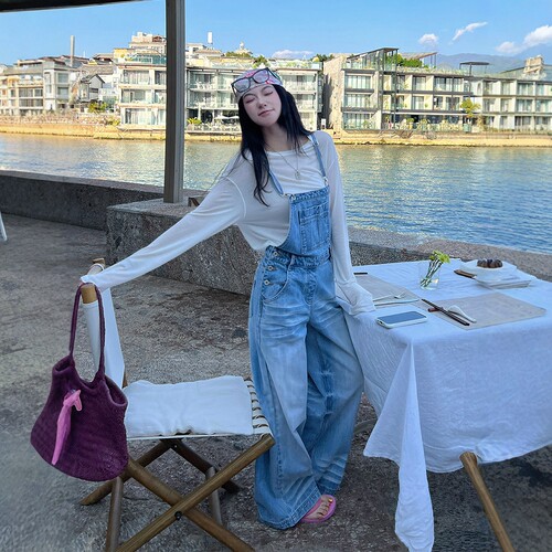 夏季复古水洗猫须牛仔背带阔腿裤