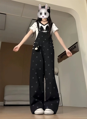 小猫星星满印牛仔背带裤女夏季新款减龄宽松显瘦直筒阔腿裤连体裤