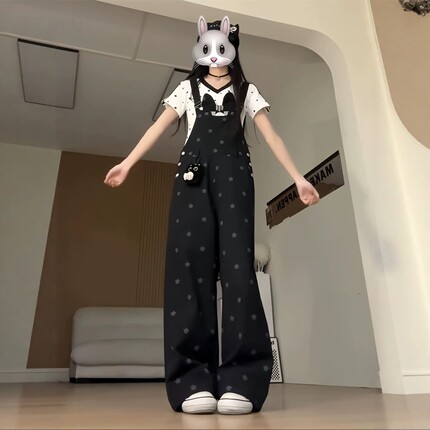 小猫星星满印牛仔背带裤女夏季新款减龄宽松显瘦直筒阔腿裤连体裤