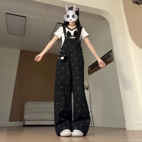 送运费险小猫星星满印牛仔背带裤