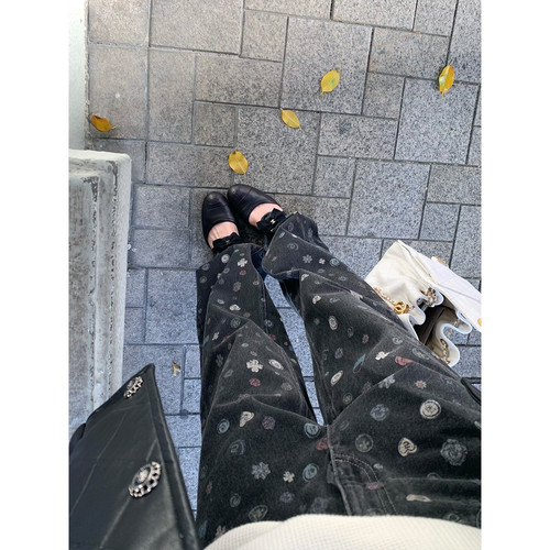 暗纹满印牛仔裤直筒显瘦磨毛长裤