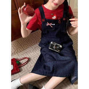 新款 甜酷多巴胺小個子牛仔背帶長裙女夏季 減齡百搭寬松顯瘦連衣裙