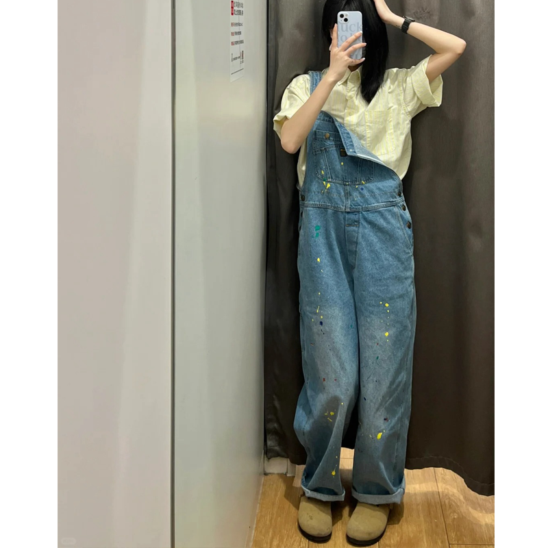 高品质!日系涂鸦泼墨牛仔背带裤