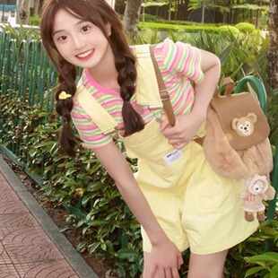 甜酷多巴胺穿搭黄色背带裤女夏小个子宽松显瘦工装阔腿连体短裤潮