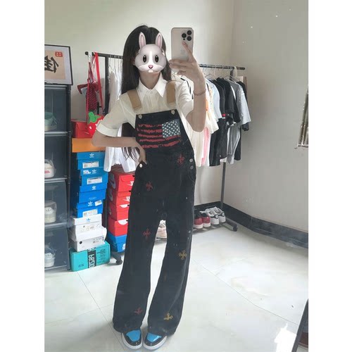 送退货宝！满印牛仔背带阔腿裤女