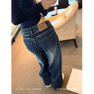 低腰猫须美式复古深蓝直筒牛仔裤女秋冬季宽松休闲今年流行裤子春