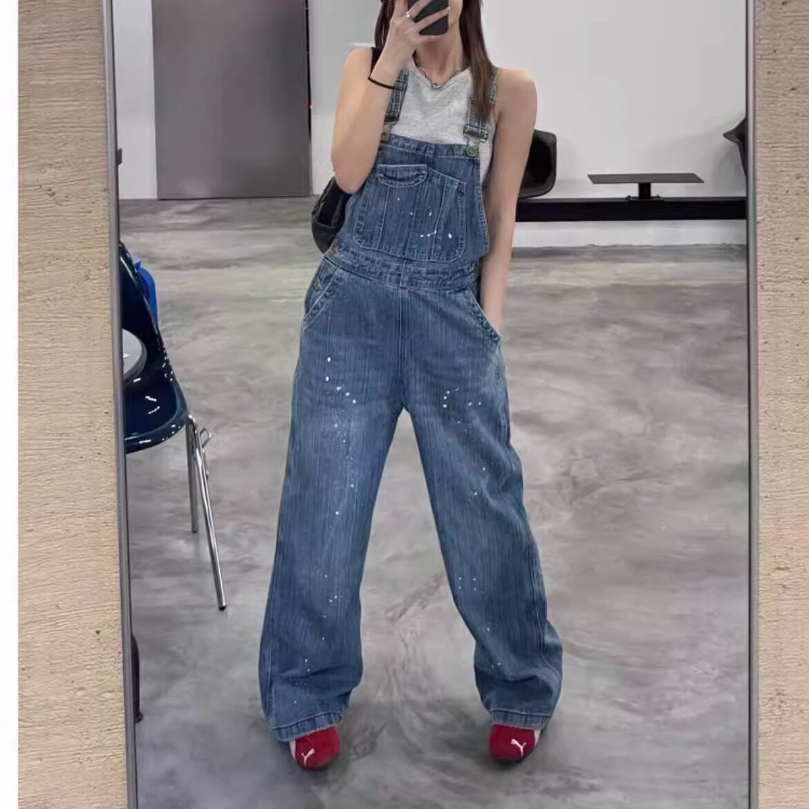 美式喷墨宽松直筒牛仔背带裤女