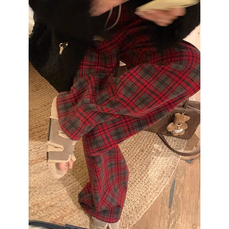 复古红色格子加绒直筒阔腿休闲裤女秋冬宽松格纹长拖地裤子 新年